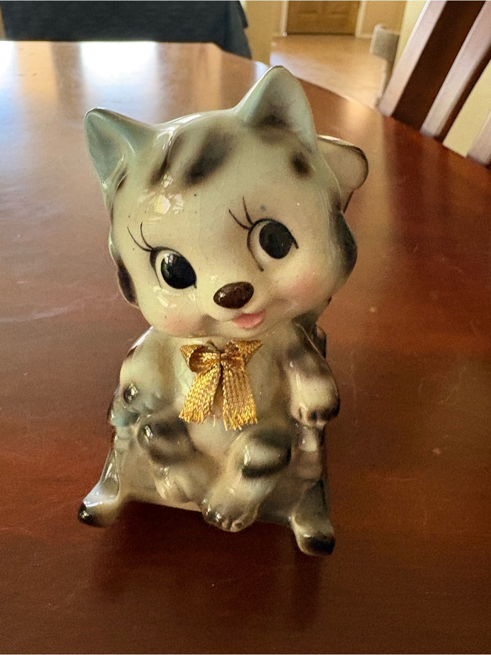 Vintage Ceramic Grey Kitten Bank with Gold Bow - Japan